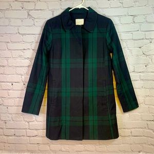 Ann Taylor Loft XSP plaid green and navy cotton trench coat